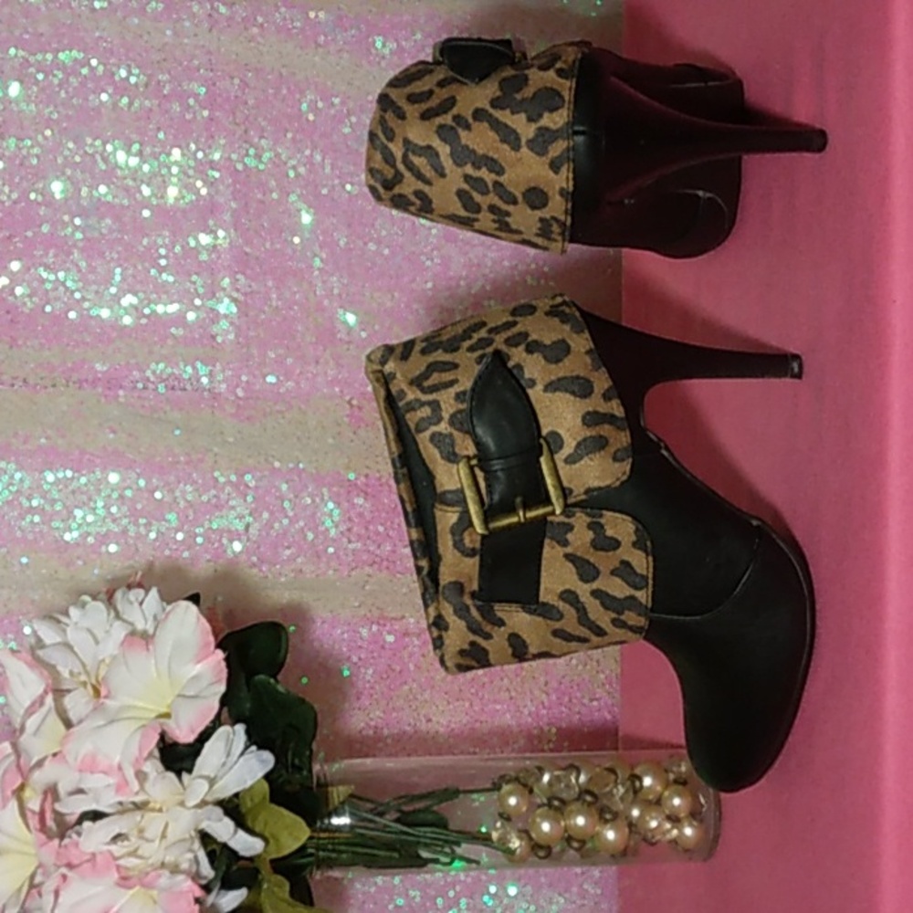 Black Booties with Leopard Print Cuffs